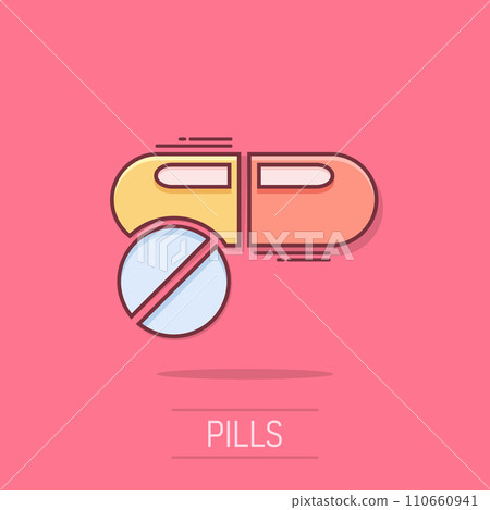 Vector cartoon capsule pills tablet icon in comic style. Medical pills concept illustration pictogram. Capsule and drug business splash effect concept. 110660941