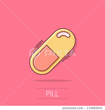 Vector cartoon capsule pills tablet icon in comic style. Medical pills concept illustration pictogram. Capsule and drug business splash effect concept. Vector cartoon capsule pills tablet icon in comic style. Medical pills concept illustration pictogram. Capsule and drug business splash effect concept. 110660943