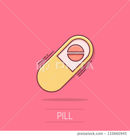 Vector cartoon capsule pills tablet icon in comic style. Medical pills concept illustration pictogram. Capsule and drug business splash effect concept. Vector cartoon capsule pills tablet icon in comic style. Medical pills concept illustration pictogram. Capsule and drug business splash effect concept. 110660945