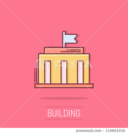 Bank building icon in comic style. Government architecture vector cartoon illustration pictogram. Museum exterior business concept splash effect. Bank building icon in comic style. Government architecture vector cartoon illustration pictogram. Museum exterior business concept splash effect. 110661038