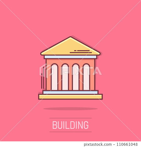 Bank building icon in comic style. Government architecture vector cartoon illustration pictogram. Museum exterior business concept splash effect. Bank building icon in comic style. Government architecture vector cartoon illustration pictogram. Museum exterior business concept splash effect. 110661048