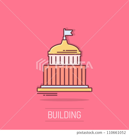Bank building icon in comic style. Government architecture vector cartoon illustration pictogram. Museum exterior business concept splash effect. Bank building icon in comic style. Government architecture vector cartoon illustration pictogram. Museum exterior business concept splash effect. 110661052