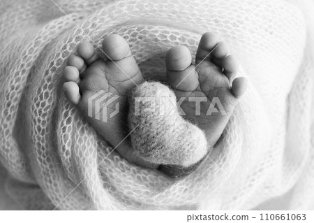 The tiny foot of a newborn baby. Soft feet of a new born in a wool blanket. Close up of toes, heels and feet of a newborn. Knitted heart in the legs of a baby. Black and white Macro photography. The tiny foot of a newborn baby. Soft feet of a new born in a wool blanket. Close up of toes, heels and feet of a newborn. Knitted heart in the legs of a baby. Black and white Macro photography. 110661063