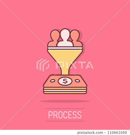 Lead management icon in comic style. Funnel with people, money vector cartoon illustration pictogram. Target client business concept splash effect. 110661089