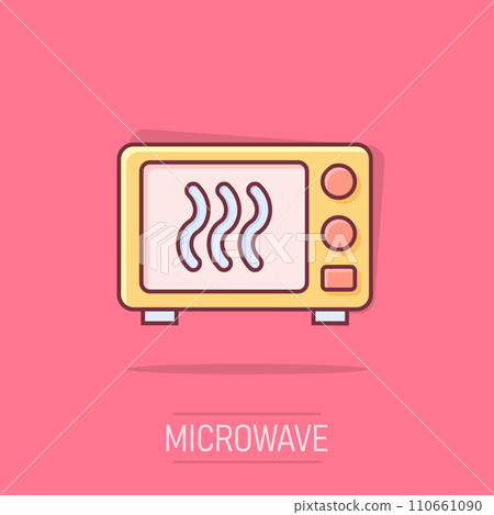 Vector cartoon microwave icon in comic style. Microwave oven sign illustration pictogram. Stove business splash effect concept. 110661090