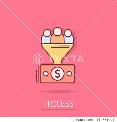 Lead management icon in comic style. Funnel with people, money vector cartoon illustration pictogram. Target client business concept splash effect. 110661091