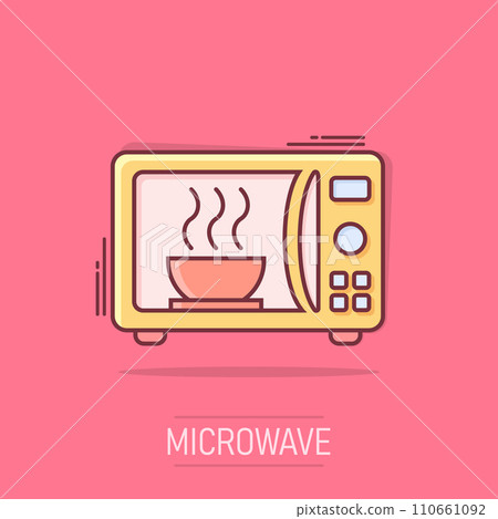 Vector cartoon microwave icon in comic style. Microwave oven sign illustration pictogram. Stove business splash effect concept. 110661092
