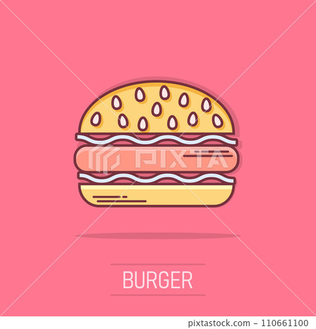 Vector cartoon burger fast food icon in comic style. Hamburger sign illustration pictogram. Burger business splash effect concept. 110661100