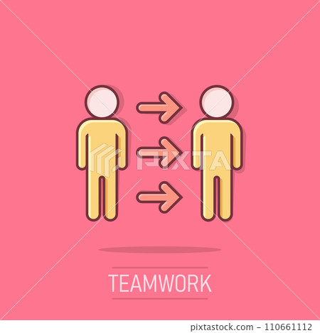 People referral icon in comic style. Business communication vector cartoon illustration pictogram. Reference teamwork business concept splash effect. 110661112