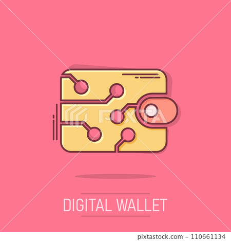 Digital wallet icon in comic style. Crypto bag vector cartoon illustration pictogram. Online finance, e-commerce business concept splash effect. 110661134
