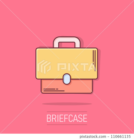Briefcase sign icon in comic style. Suitcase vector cartoon illustration on white isolated background. Baggage business concept splash effect. 110661135