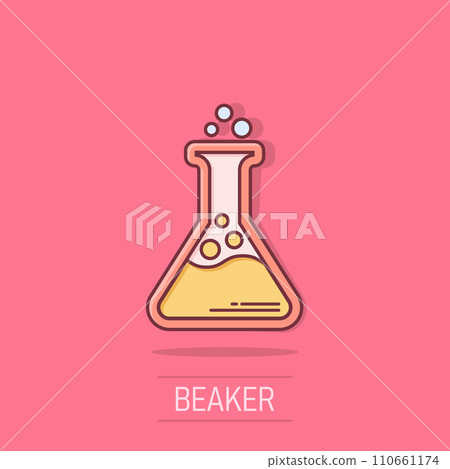 Chemistry beakers sign icon in comic style. Flask test tube vector cartoon illustration on white isolated background. Alchemy business concept splash effect. Chemistry beakers sign icon in comic style. Flask test tube vector cartoon illustration on white isolated background. Alchemy business concept splash effect. 110661174