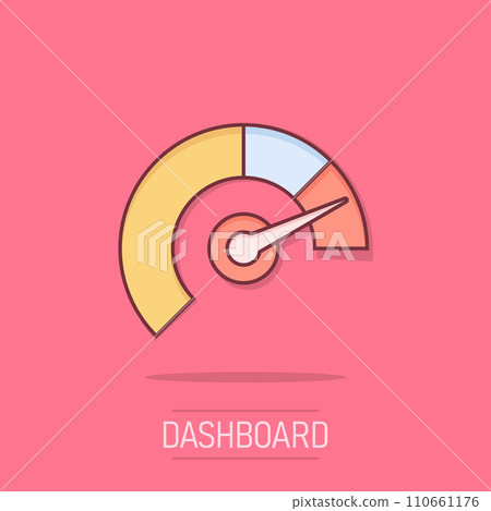 Meter dashboard icon in comic style. Credit score indicator level vector cartoon illustration pictogram. Gauges with measure scale business concept splash effect. 110661176