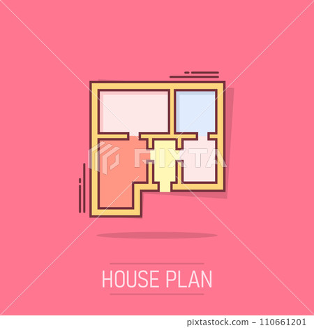Vector cartoon house plan icon in comic style. Architect scheme sign illustration pictogram. House scheme business splash effect concept. Vector cartoon house plan icon in comic style. Architect scheme sign illustration pictogram. House scheme business splash effect concept. 110661201