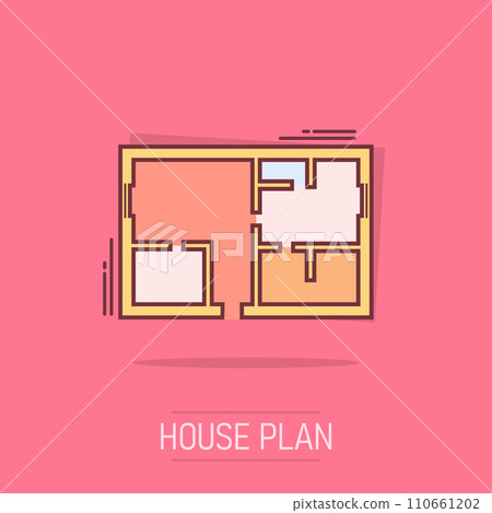Vector cartoon house plan icon in comic style. Architect scheme sign illustration pictogram. House scheme business splash effect concept. Vector cartoon house plan icon in comic style. Architect scheme sign illustration pictogram. House scheme business splash effect concept. 110661202