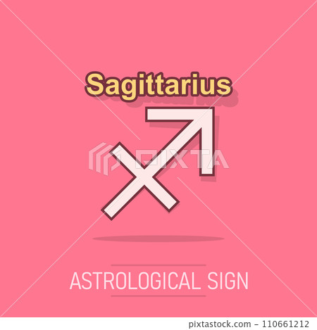 Vector cartoon sagittarius zodiac icon in comic style. Astrology sign illustration pictogram. Sagittarius horoscope business splash effect concept. Vector cartoon sagittarius zodiac icon in comic style. Astrology sign illustration pictogram. Sagittarius horoscope business splash effect concept. 110661212