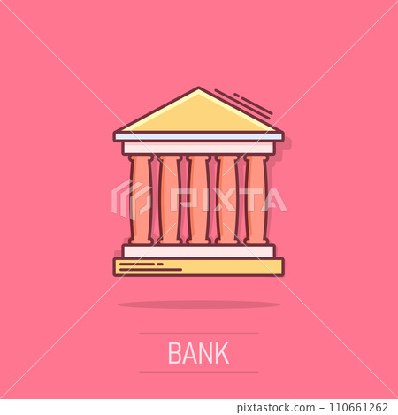 Vector cartoon bank building icon in comic style. Museum sign illustration pictogram. Building business splash effect concept. Vector cartoon bank building icon in comic style. Museum sign illustration pictogram. Building business splash effect concept. 110661262