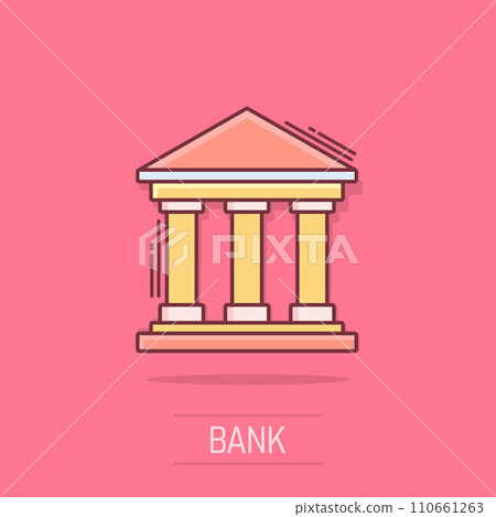 Vector cartoon bank building icon in comic style. Museum sign illustration pictogram. Building business splash effect concept. Vector cartoon bank building icon in comic style. Museum sign illustration pictogram. Building business splash effect concept. 110661263