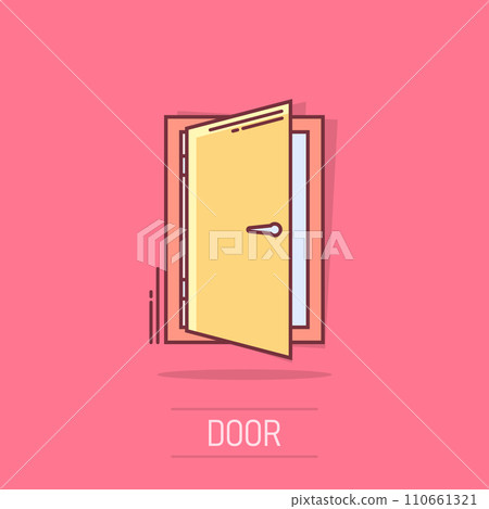 Vector cartoon door icon in comic style. Exit sign illustration pictogram. Open door business splash effect concept. 110661321