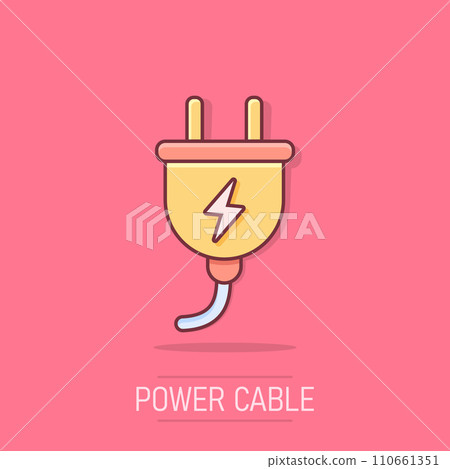 Vector cartoon electric plug icon in comic style. Power wire cable sign illustration pictogram. Wire business splash effect concept. Vector cartoon electric plug icon in comic style. Power wire cable sign illustration pictogram. Wire business splash effect concept. 110661351