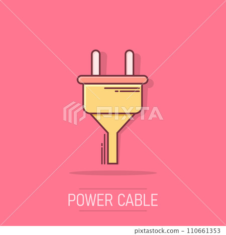 Vector cartoon electric plug icon in comic style. Power wire cable sign illustration pictogram. Wire business splash effect concept. Vector cartoon electric plug icon in comic style. Power wire cable sign illustration pictogram. Wire business splash effect concept. 110661353