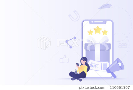 Customer satisfaction concept. Loyalty program, offer discount voucher, reward, special content, promotions and advertisements. Flat vector design illustration with copy space. Customer satisfaction concept. Loyalty program, offer discount voucher, reward, special content, promotions and advertisements. Flat vector design illustration with copy space. 110661507