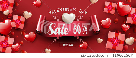 Valentine's Day sale poster, silhouettes of hearts and gift boxes 110661567