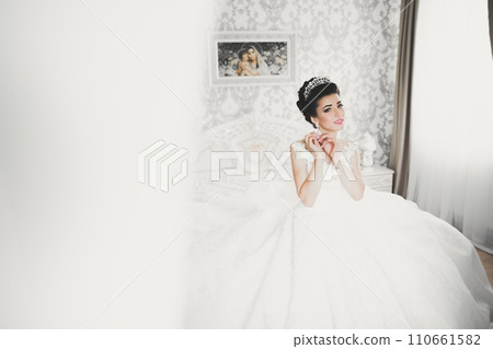 Portrait of beautiful bride with fashion veil at wedding morning Portrait of beautiful bride with fashion veil at wedding morning 110661582