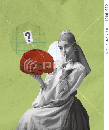 Advertisement for women's educational initiative. Woman in Renaissance attire holding brain, with finger on her lips, next to a question mark 110661630