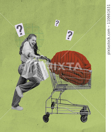 Advertisement for personal finance app that helps manage impulsive spending and budgeting. Girl pushing shopping cart with large brain inside, surrounded by question marks Advertisement for personal finance app that helps manage impulsive spending and budgeting. Girl pushing shopping cart with large brain inside, surrounded by question marks 110661631