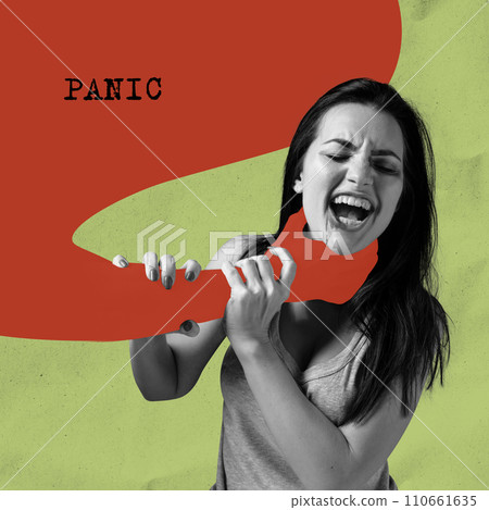 Healthcare campaign promoting importance of recognizing and responding to anxiety disorders. Woman tearing red hand shape from her mouth with panic word 110661635
