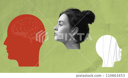 Philosophy of mind, complexity of human thoughts. Female head and two head silhouettes symbolizing spectrum of mental health conditions 110661653
