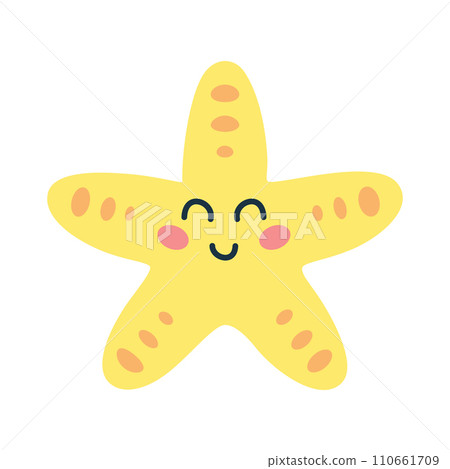 Cartoon hand drawn happy baby starfish on isolated white background. Character of the sea animals for the logo, mascot, design. Vector illustration 110661709