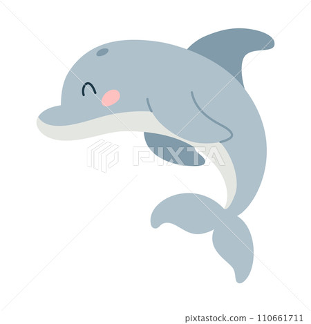 Cartoon hand drawn dolphin on isolated white background. Character of the sea animals for the logo, mascot, design. Vector illustration 110661711
