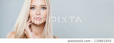 Nice blonde woman with long straight hair and clean fresh pure perfect skin isolated Nice blonde woman with long straight hair and clean fresh pure perfect skin isolated 110661850