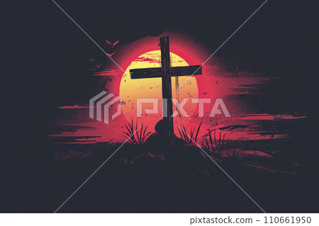 Illustration of a landscape with crosses in a field. Concept of Christianity and religion Illustration of a landscape with crosses in a field. Concept of Christianity and religion 110661950