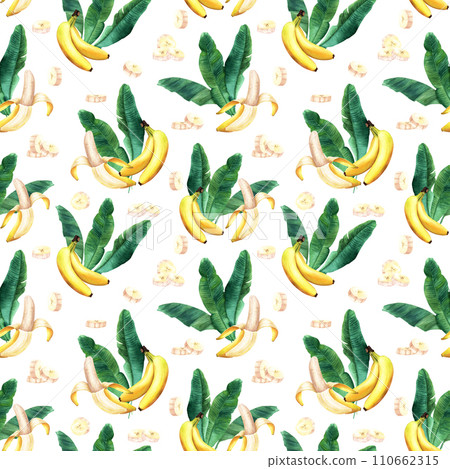 Watercolor seamless pattern with banana tree leaves and edible peeled sliced yellow fruit banana. Hand drawn illustration isolated on white background. For wrapping wallpaper fabric textile. 110662315