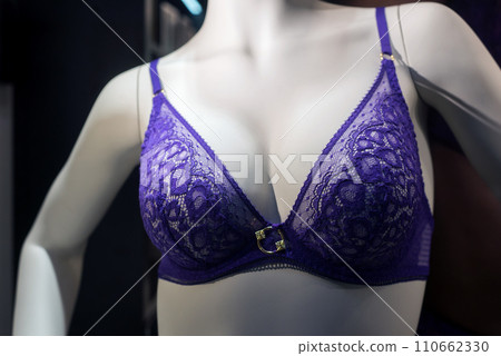 Closeup of purple bra on mannequin in a fashion store showroom Closeup of purple bra on mannequin in a fashion store showroom 110662330