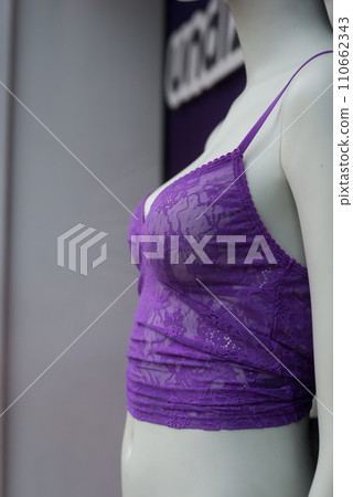 Closeup of purple bra on mannequin in a fashion site showroom 110662343