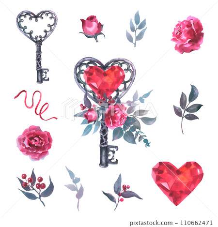 Set watercolor illustration with old vintage key heart shaped, heart diamond crystal and roses and other flowers, isolated on white background. Cool print on T-shirt, vintage, Valentine day, wedding 110662471