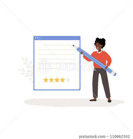 Customer review concept. African woman holding huge pen and leaving comment with four stars rating. Girl standing near big dialog window in application with feedback. Vector cartoon illustration Customer review concept. African woman holding huge pen and leaving comment with four stars rating. Girl standing near big dialog window in application with feedback. Vector cartoon illustration 110662502