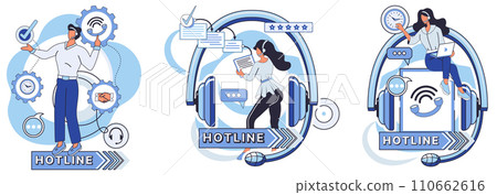 Hotline vector illustration. The call center echoes with commitment to provide 24 7 assistance globally Unlock potential technology with our hotline, your dedicated guide Need help The professional 110662616