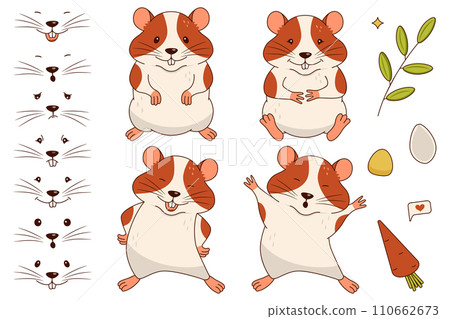 A vector set of different emotions for a hamster. A cute orange and white hamster is sitting, smiling, stretching. The illustration is in a flat style. A vector set of different emotions for a hamster. A cute orange and white hamster is sitting, smiling, stretching. The illustration is in a flat style. 110662673