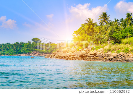 Picturesque beach with palm trees on the shore and Bright sunrise. 110662982