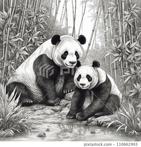 Panda, Ailuropoda melanoleuca, Chinese bamboo bear, cute animal, black and white drawing, portrait, engraving style Panda, Ailuropoda melanoleuca, Chinese bamboo bear, cute animal, black and white drawing, portrait, engraving style 110662993
