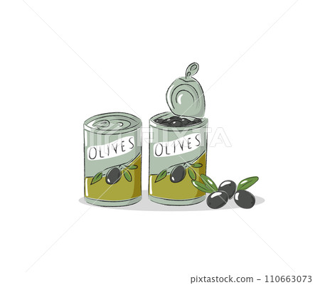 Canned black olives in a tin outline with a branch of olives vector illustration. Canned black olives in a tin outline with a branch of olives vector illustration. 110663073