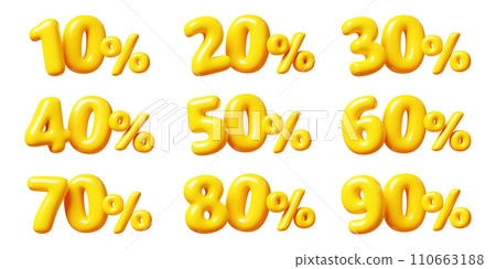 Balloon number with percent sign for sale concept. 3d render illustration set of yellow plastic glossy discount typography. Cartoon bubble element percentage off for special offer promotion. 110663188