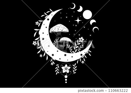 Magic mushrooms on mystical crescent moon in boho style, celestial Amanita Muscaria and Moon Phase, witchcraft symbol, witchy esoteric white logo tattoo, floral elements fungus. Esoteric wicca clipart Magic mushrooms on mystical crescent moon in boho style, celestial Amanita Muscaria and Moon Phase, witchcraft symbol, witchy esoteric white logo tattoo, floral elements fungus. Esoteric wicca clipart 110663222