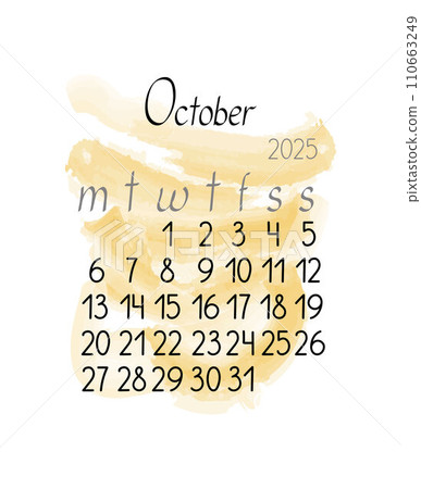 Calendar monthly template for October 2025 in simple minimalist style vertical portrait orientation, abstract colorful shapeless background, week starts on Monday, vector printable page 110663249