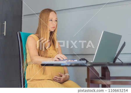 Beautiful pregnant woman working on laptop. Young businesswoman working in her office 110663254